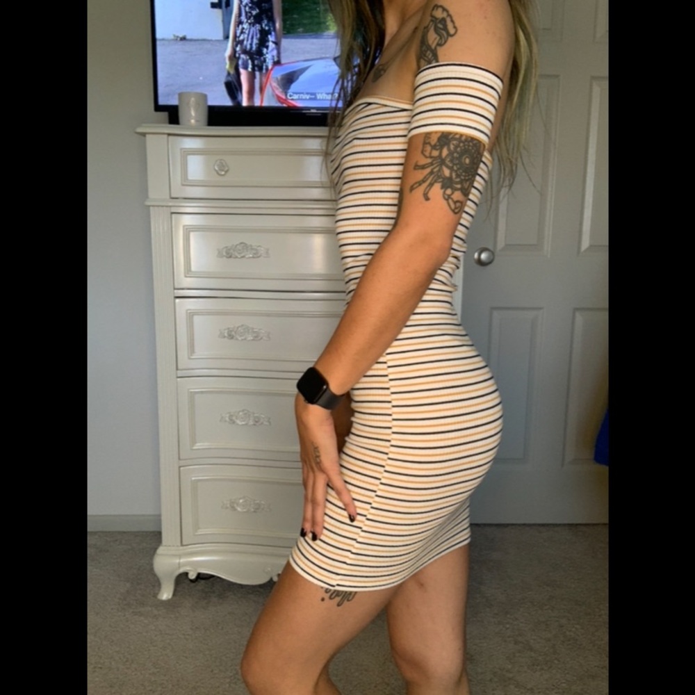 Off Shoulder Mini Dress. White, Black, Yellow Stripes